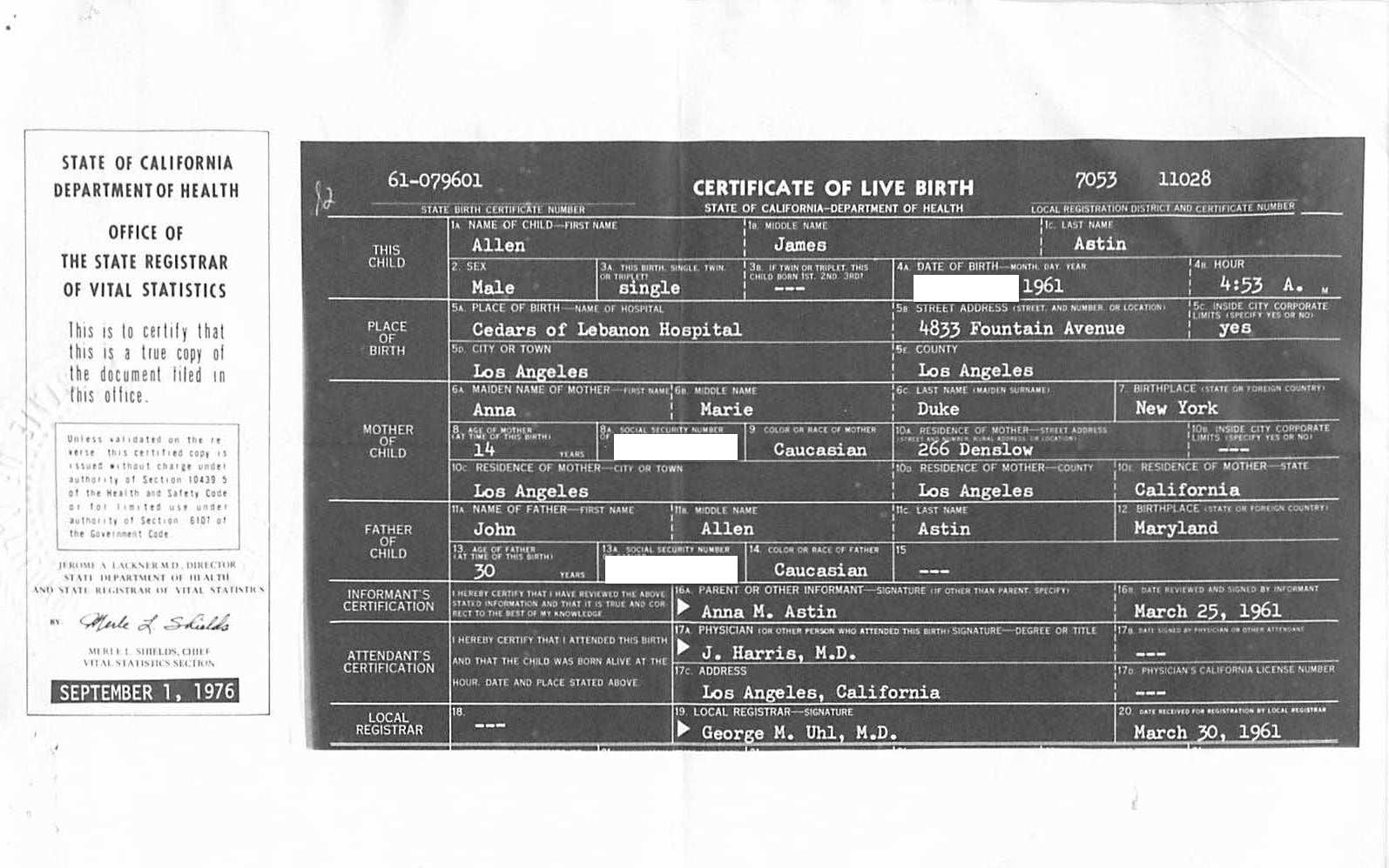Allen's Birth Certificate from Anna